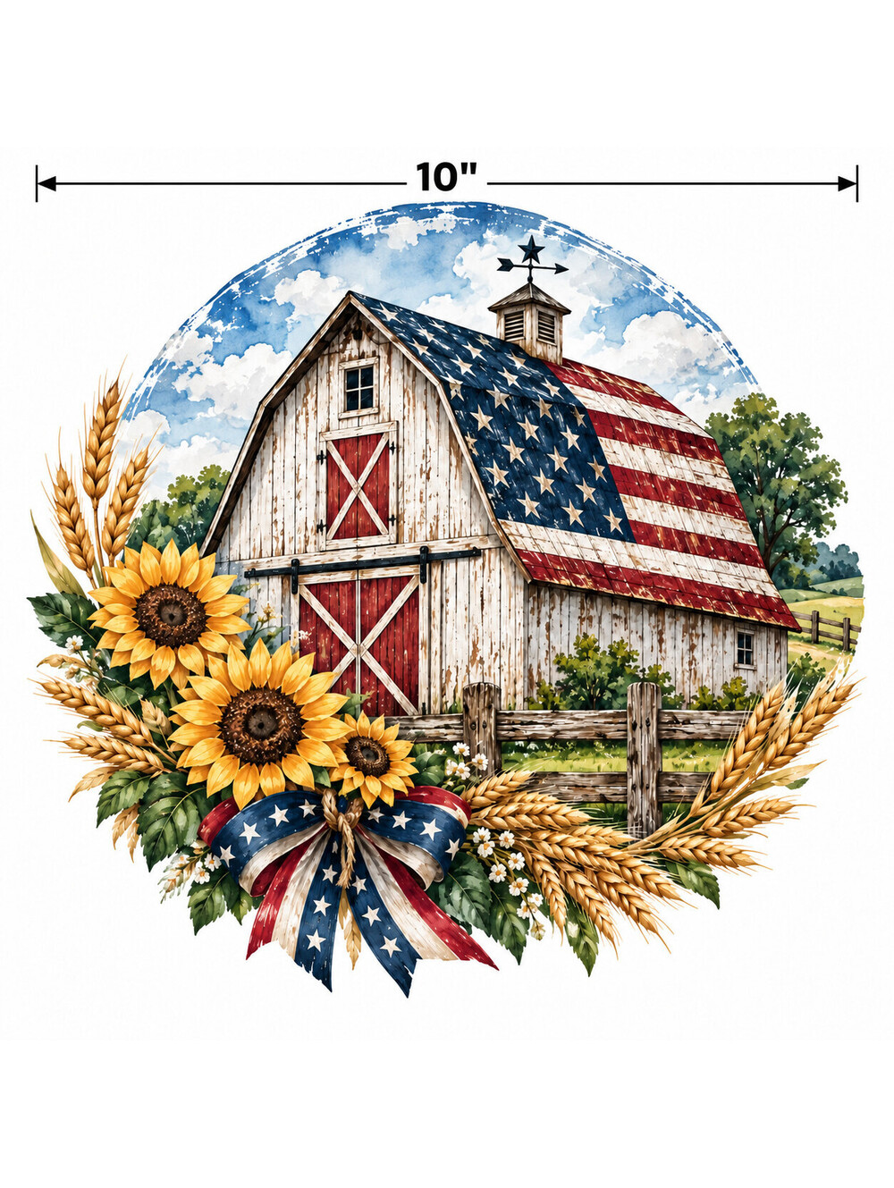 4pcs 10" Patriotic Barn Flag DTF PNG Sunflower Iron On Transfer